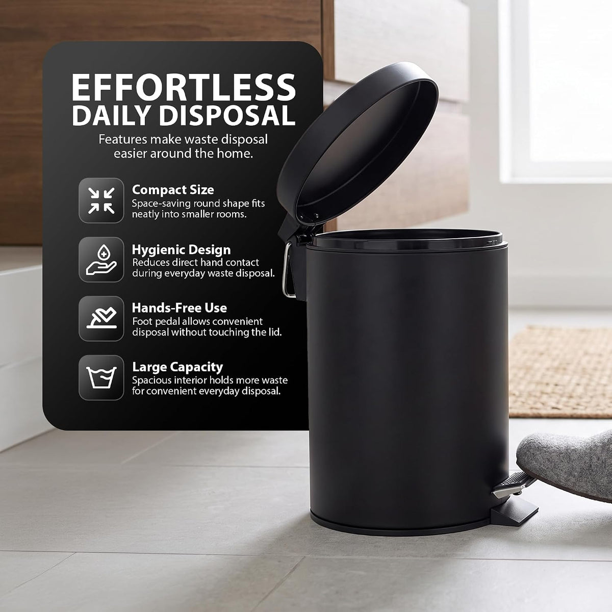 Zeno 3L Matte Black Pedal Bathroom Bin