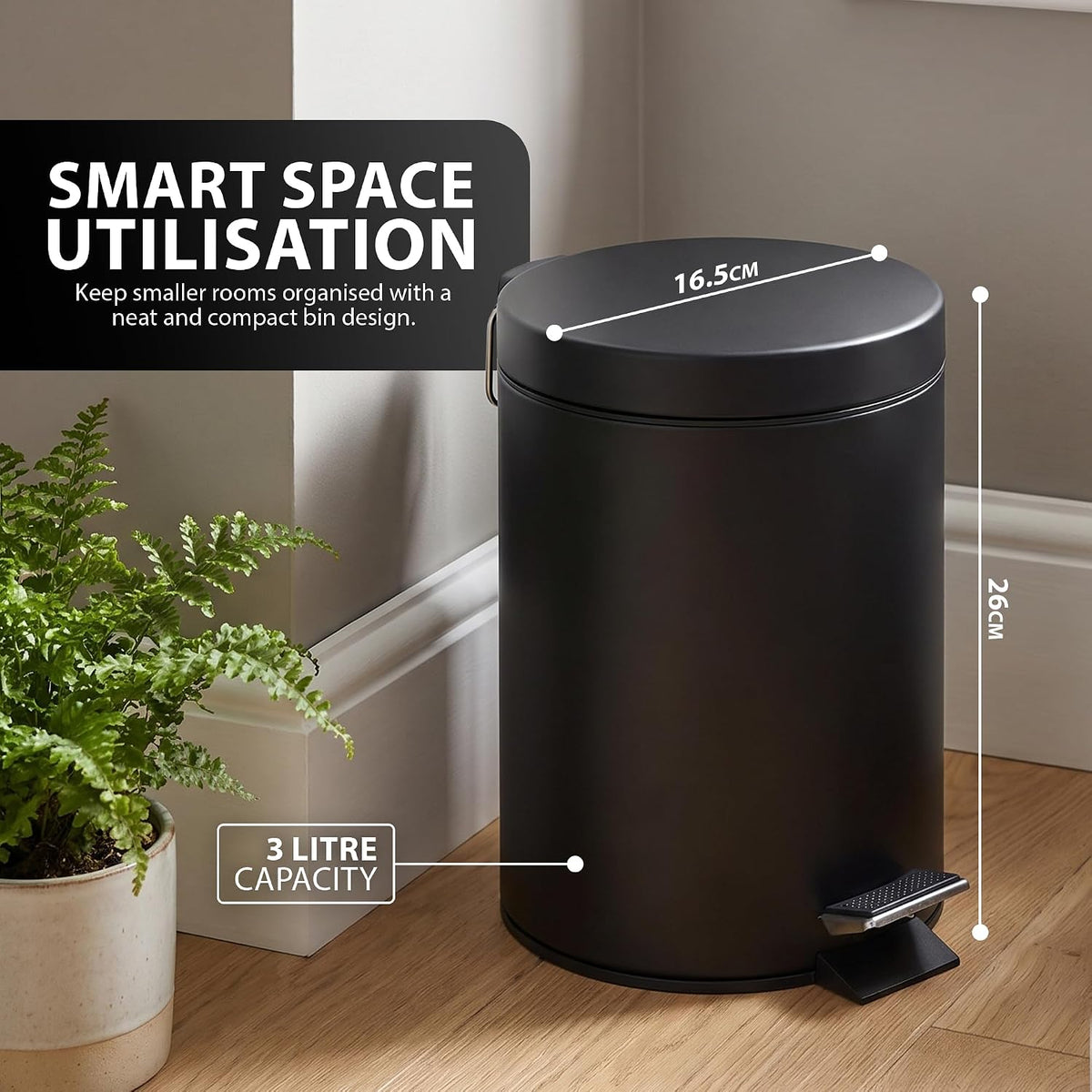 Zeno 3L Matte Black Pedal Bathroom Bin