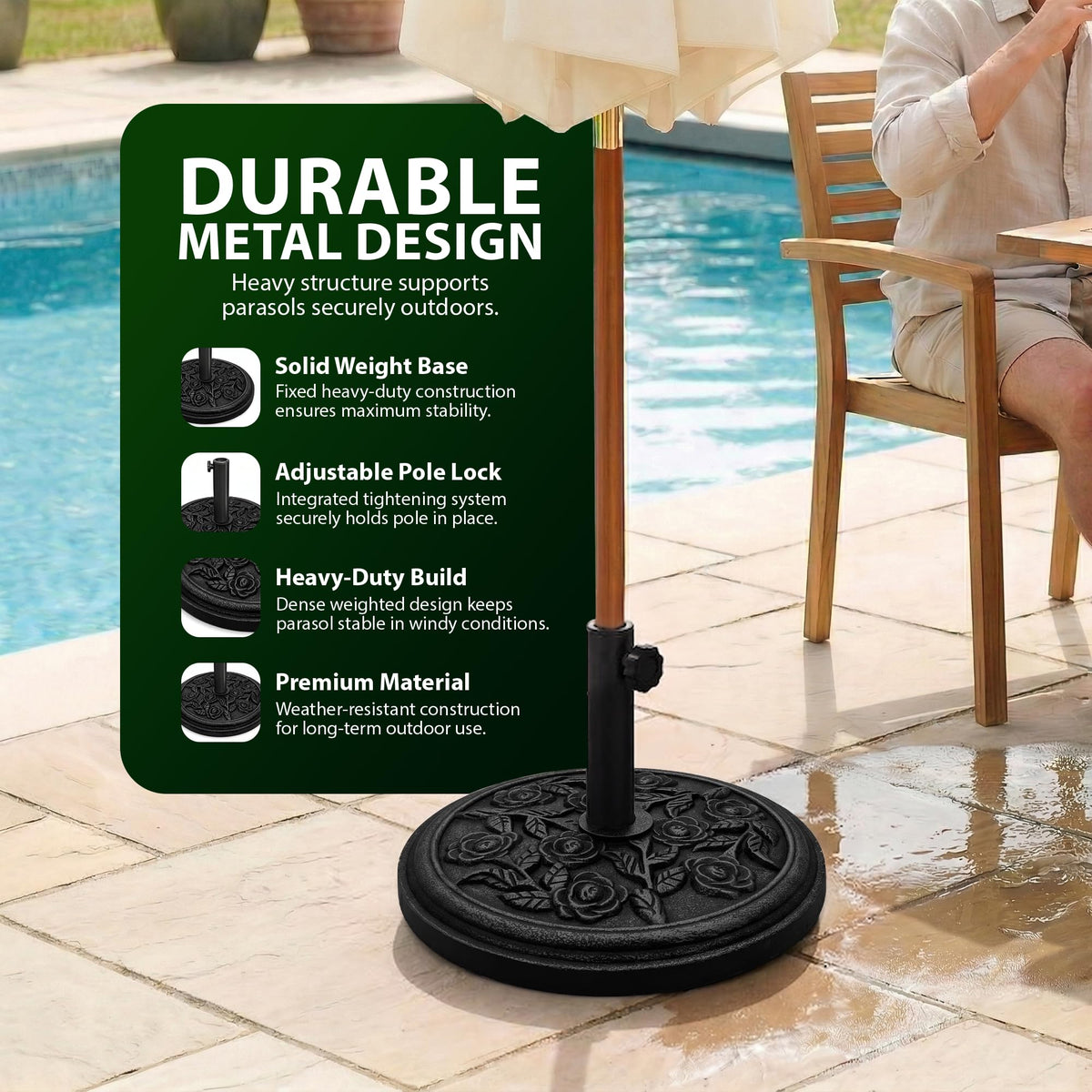 Zeno 12KG Black Rose Design Cast Iron Parasol Base