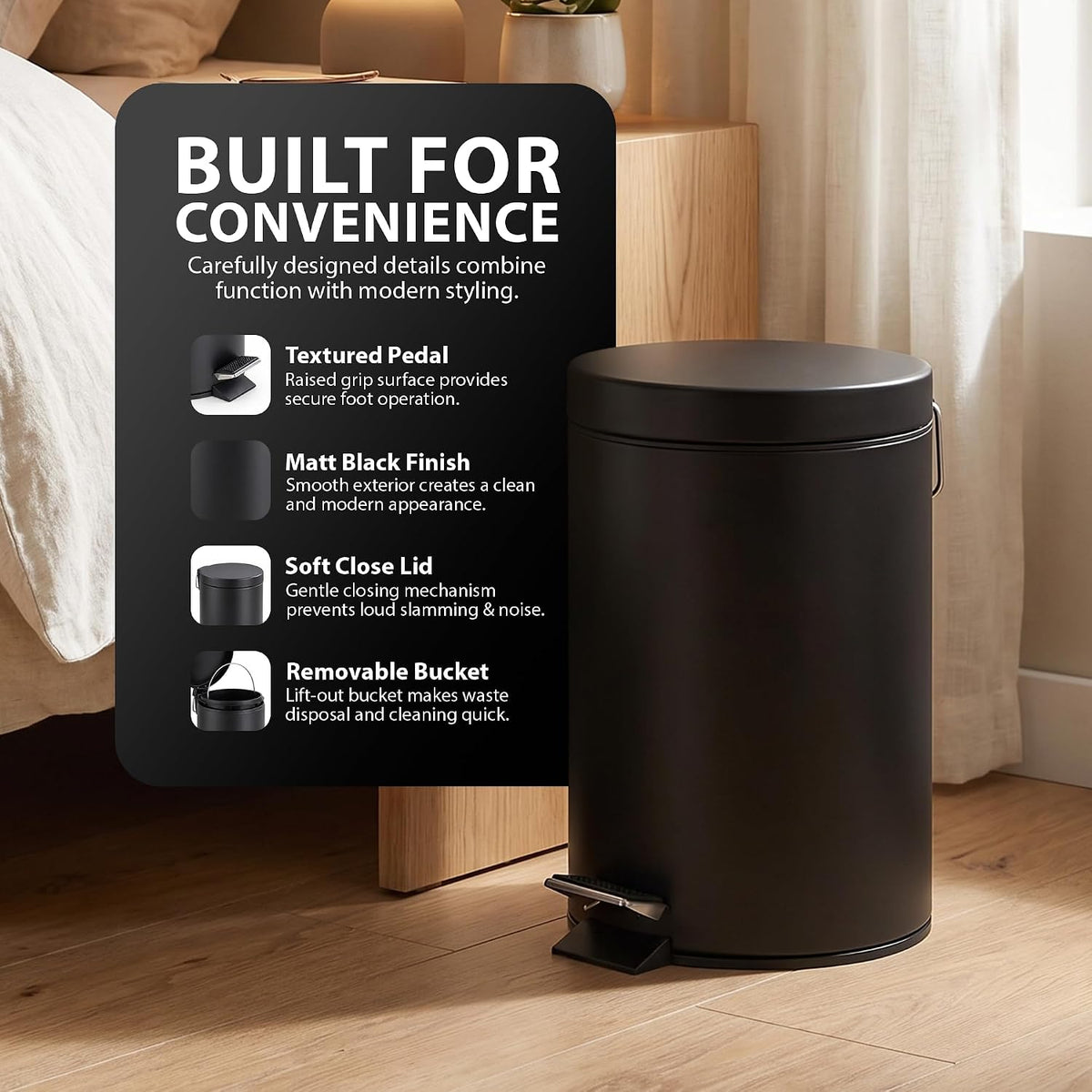Zeno 3L Matte Black Pedal Bathroom Bin
