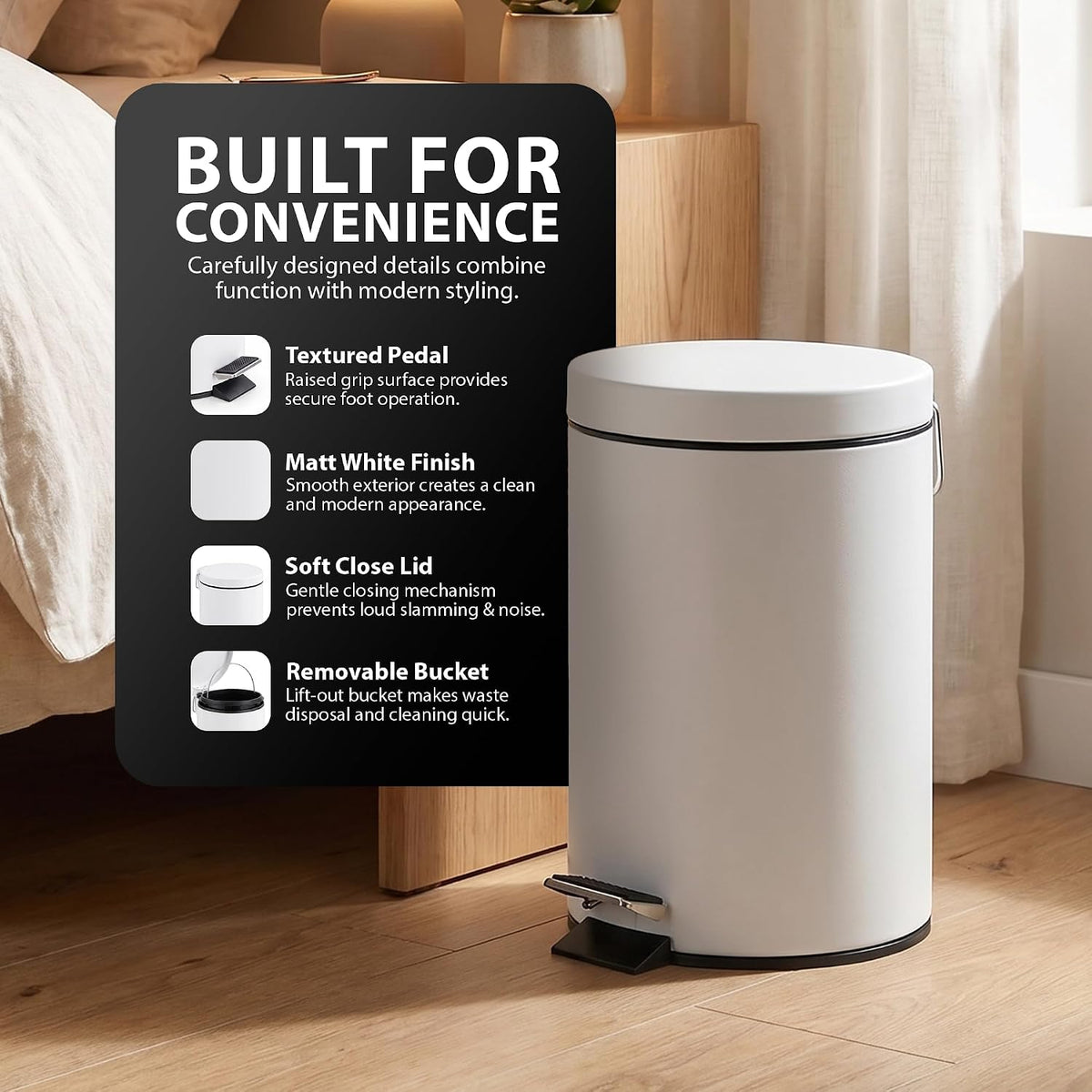 Zeno 3L Matte White Pedal Bathroom Bin