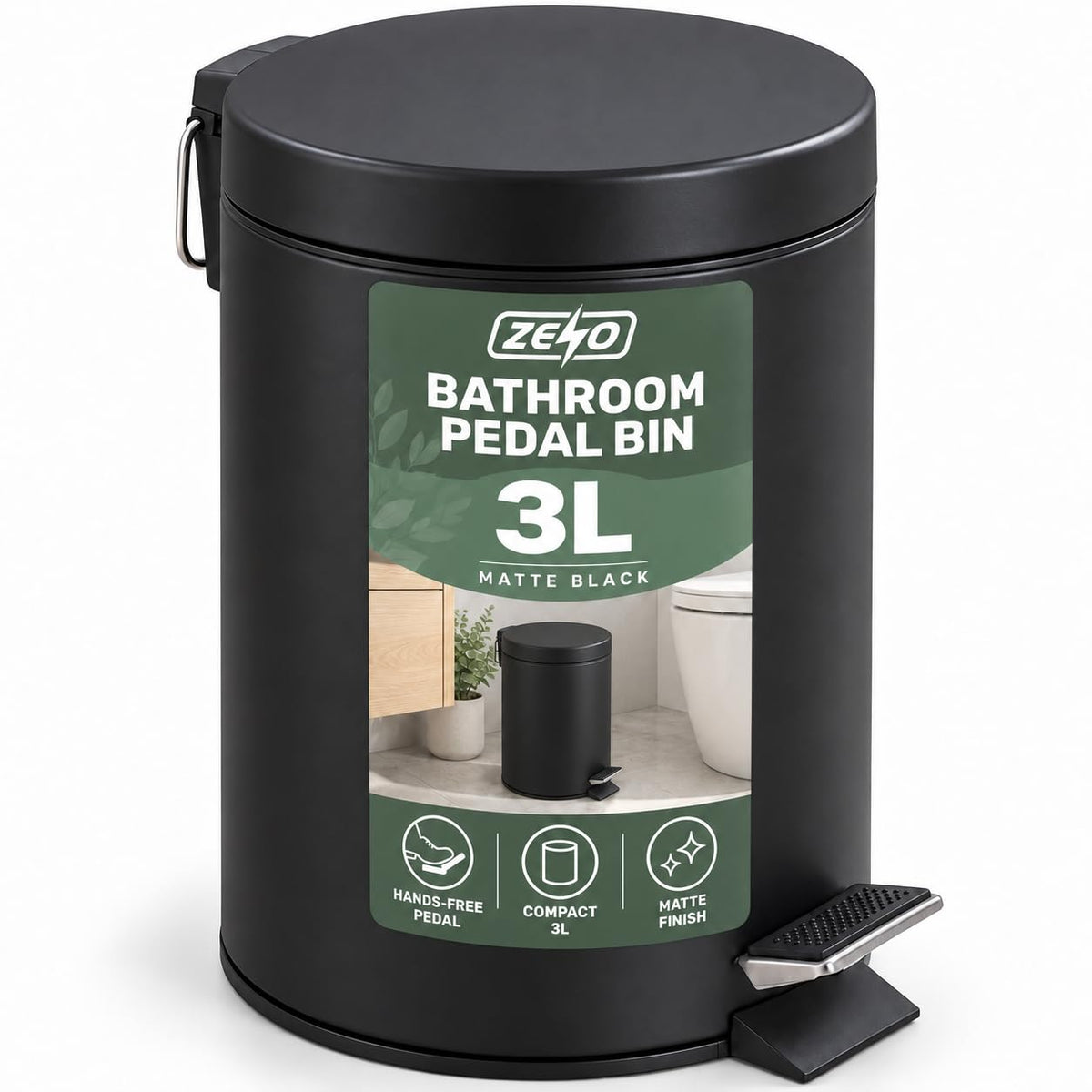 Zeno 3L Matte Black Pedal Bathroom Bin
