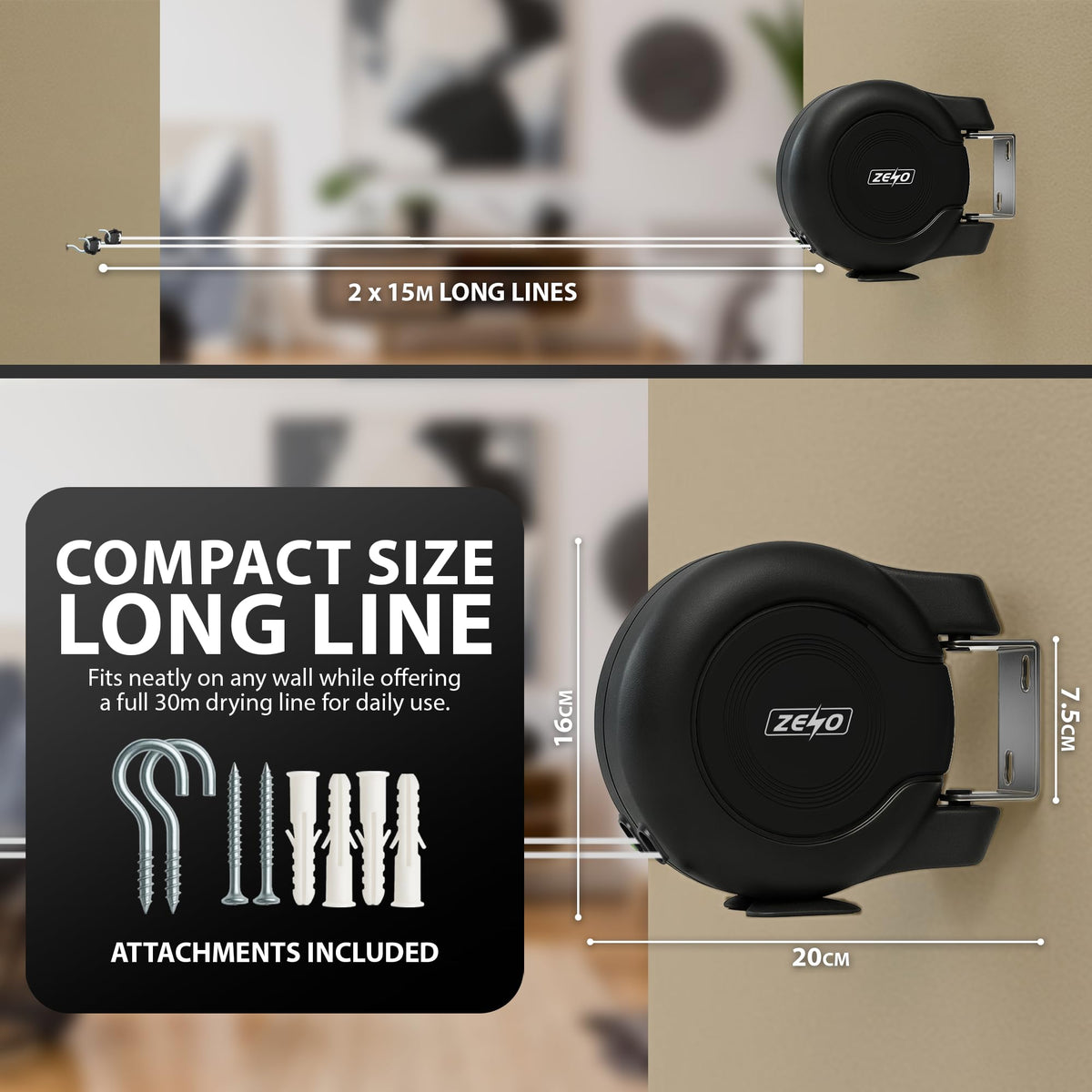 Zeno Black Retractable Double Washing Line