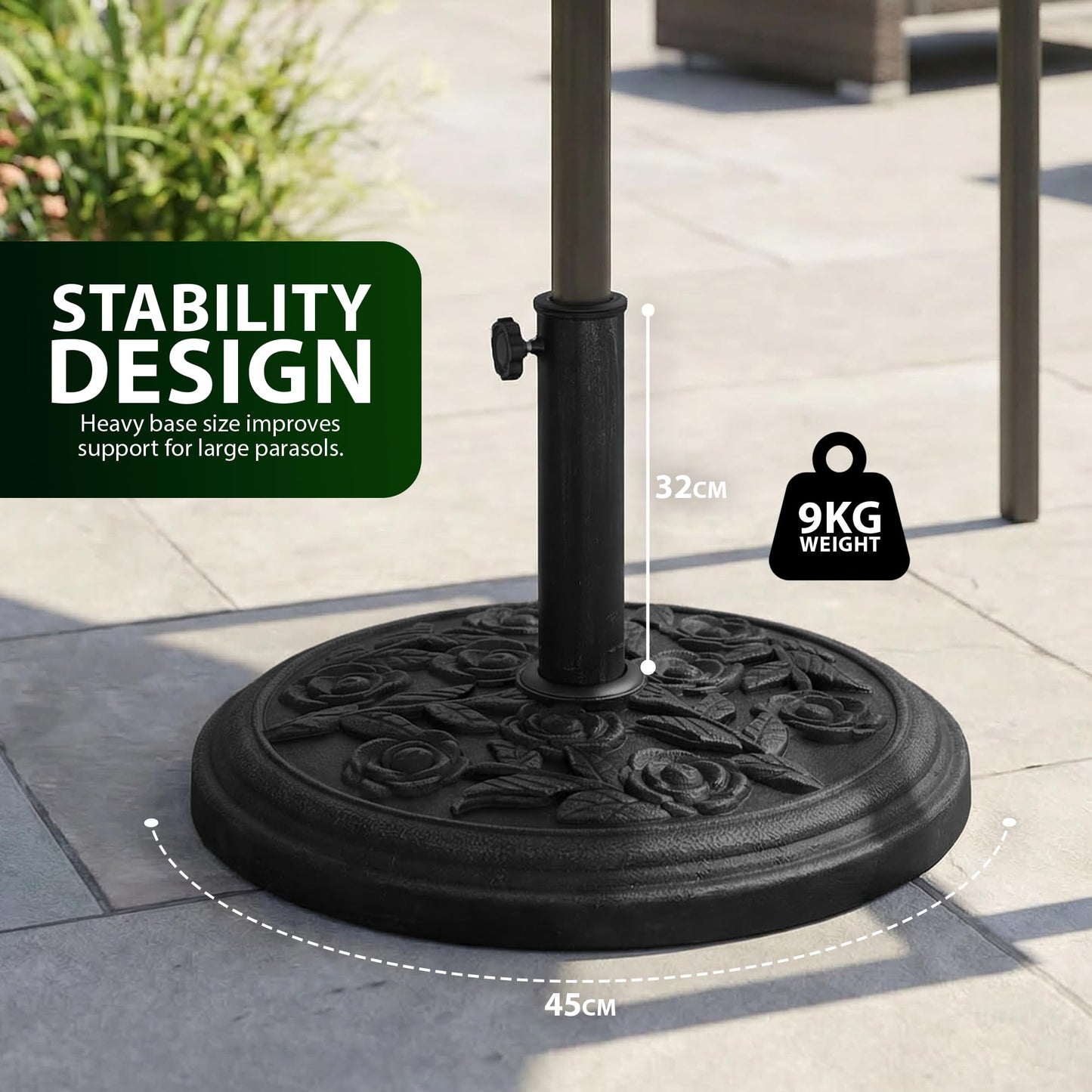 Zeno 9KG Black Rose Design Cast Iron Parasol Base