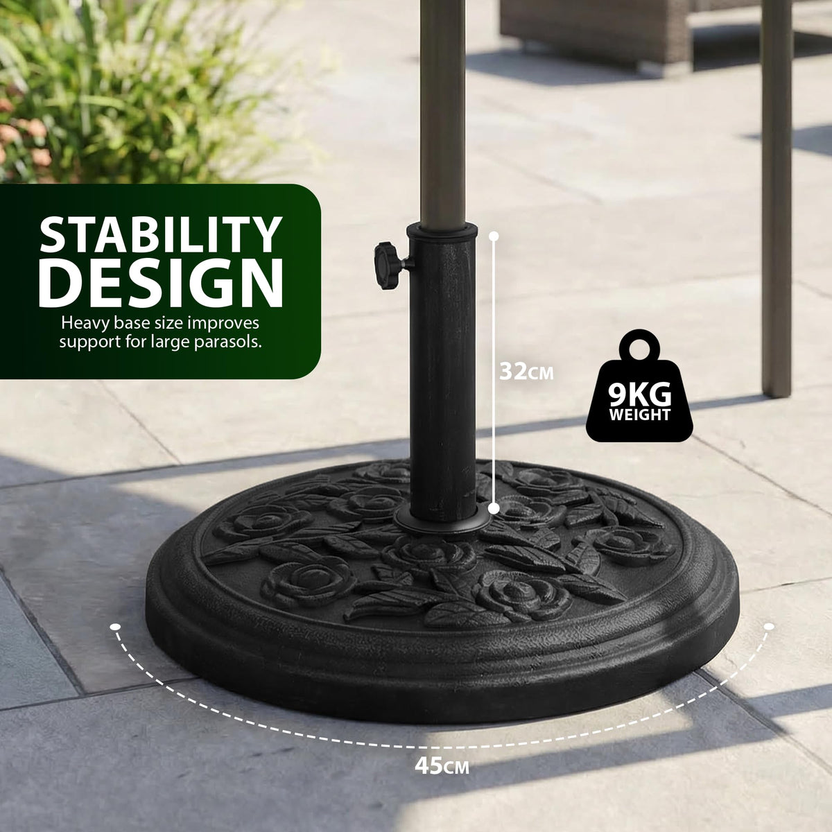 Zeno 9KG Black Rose Design Cast Iron Parasol Base