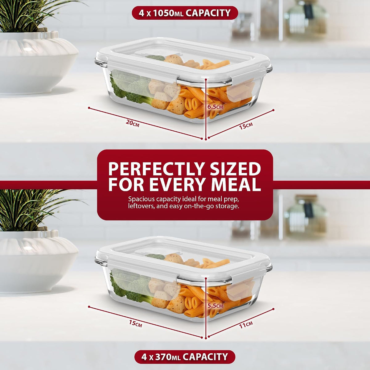 Zeno 8 Pack Glass Food Containers with Lids