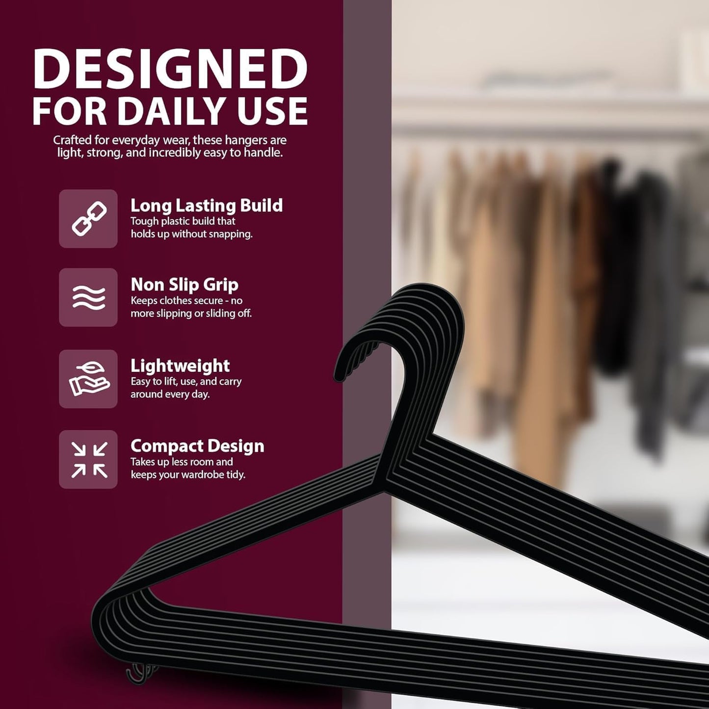 Zeno 20 Pack Black Plastic Coat Hangers