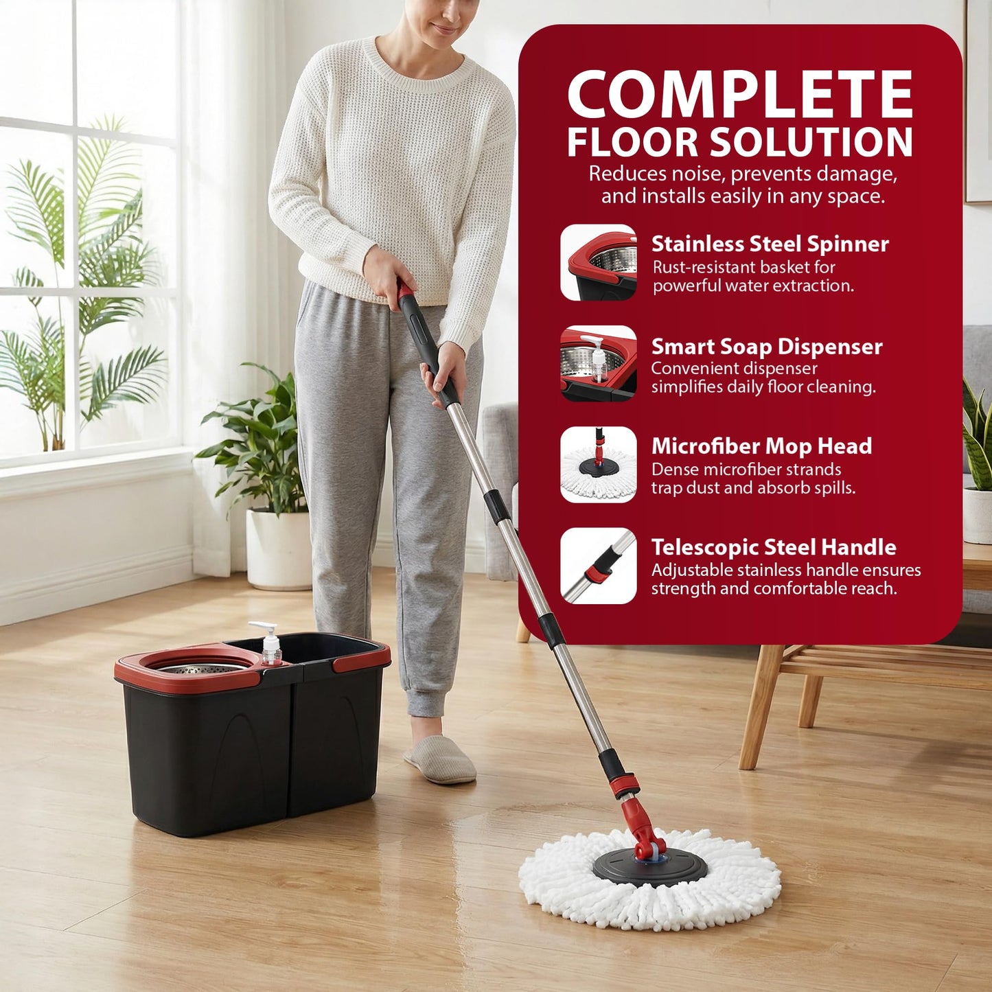 Zeno Black & Red Spin Mop and Bucket Set