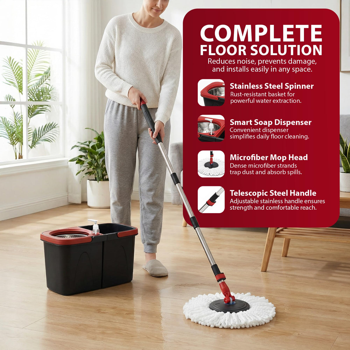 Zeno Black & Red Spin Mop and Bucket Set