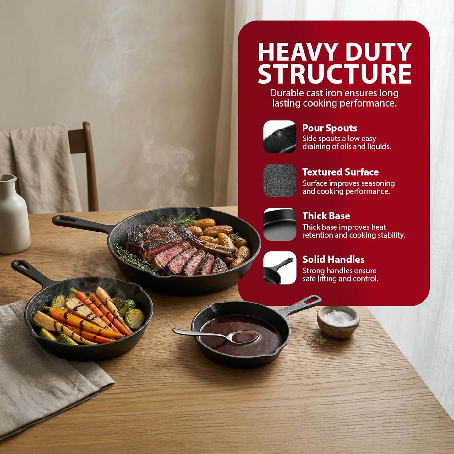 Zeno 3 Piece Cast Iron Skillet Pan Set