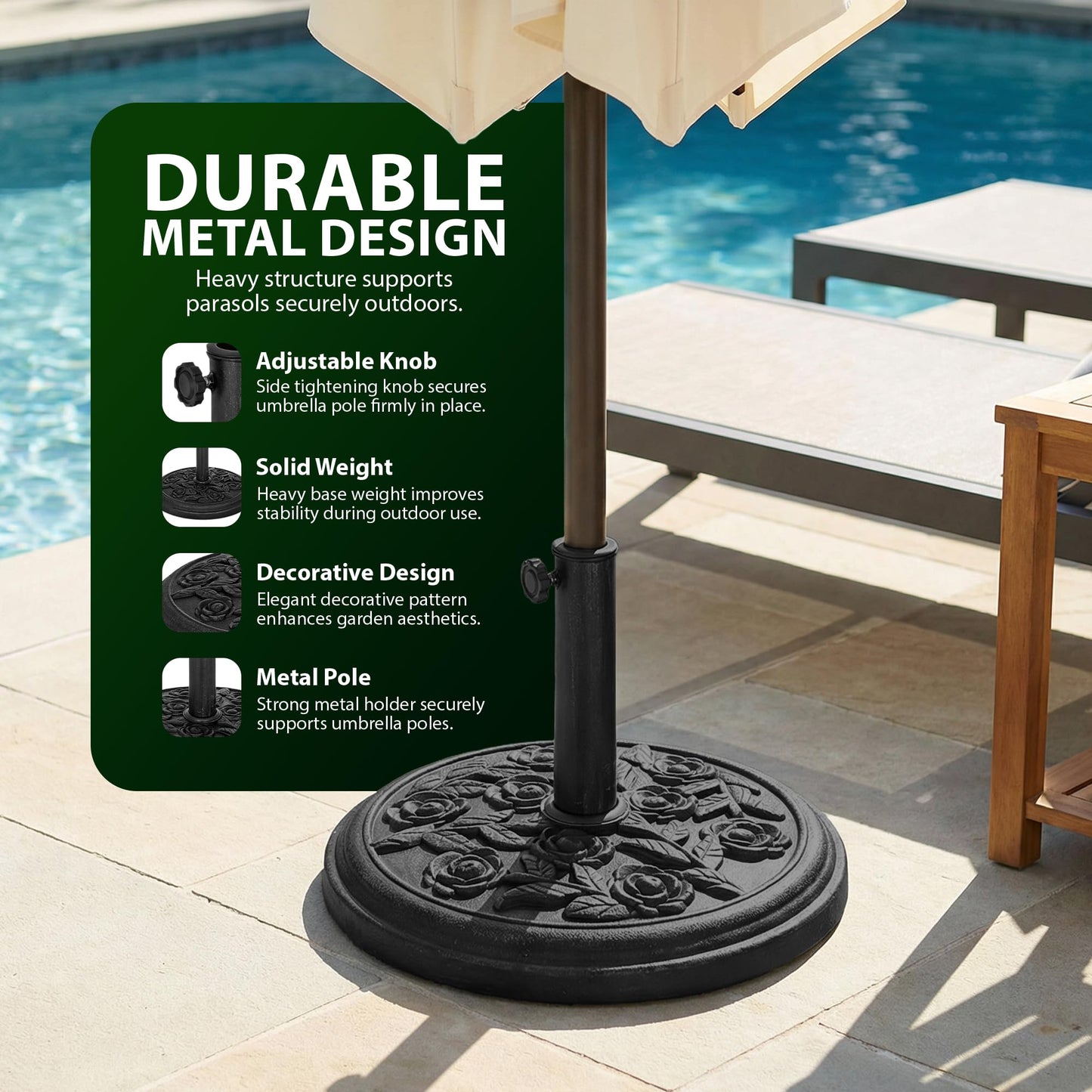 Zeno 9KG Black Rose Design Cast Iron Parasol Base