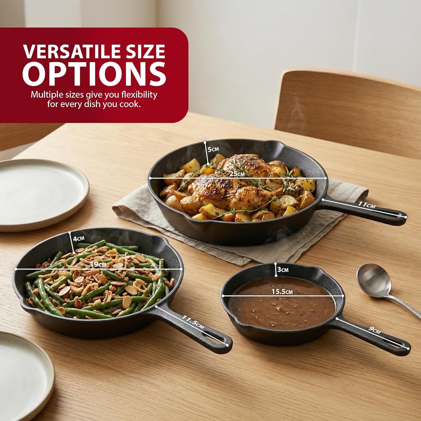 Zeno 3 Piece Cast Iron Skillet Pan Set
