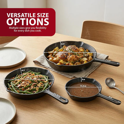 Zeno 3 Piece Cast Iron Skillet Pan Set