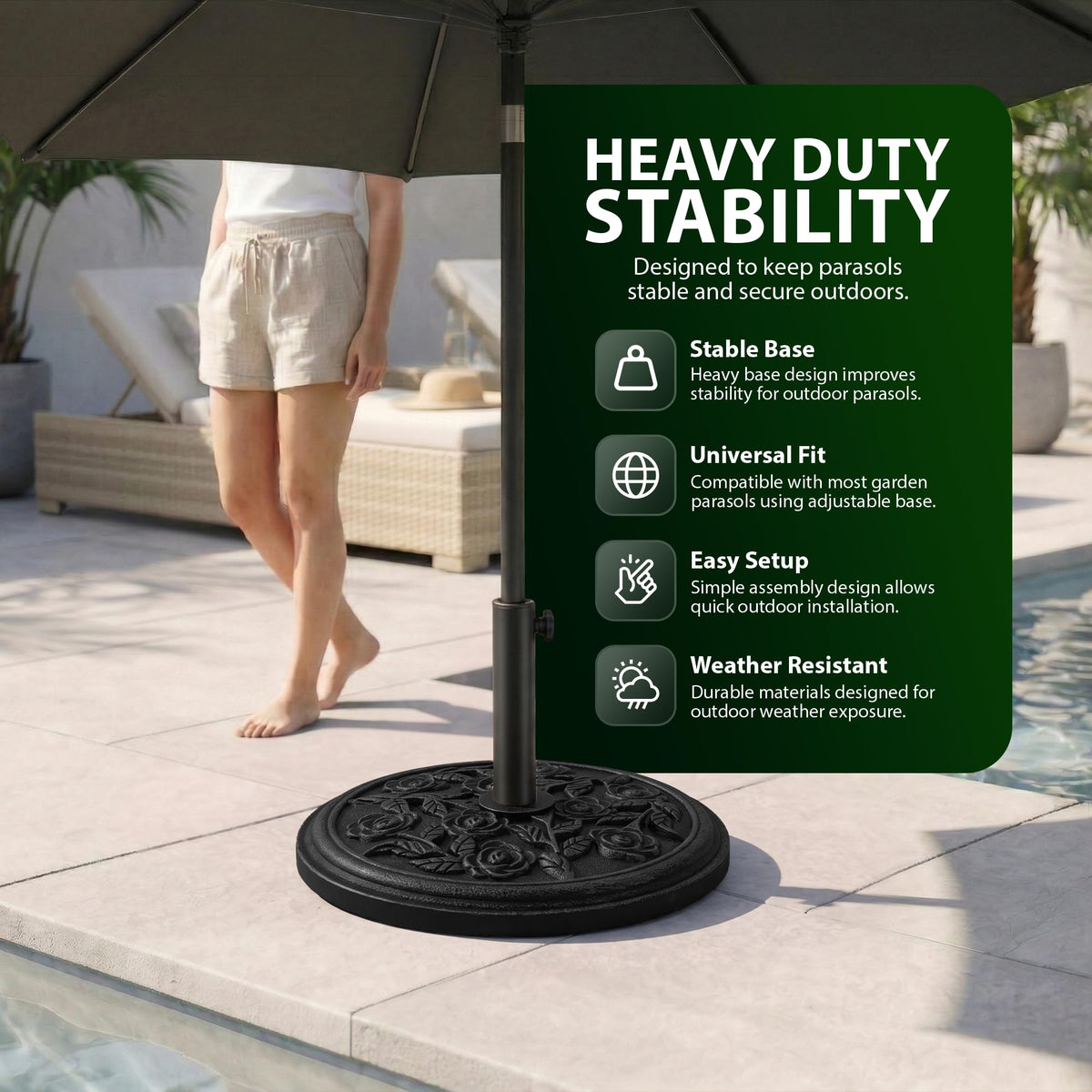 Zeno 12KG Black Rose Design Cast Iron Parasol Base