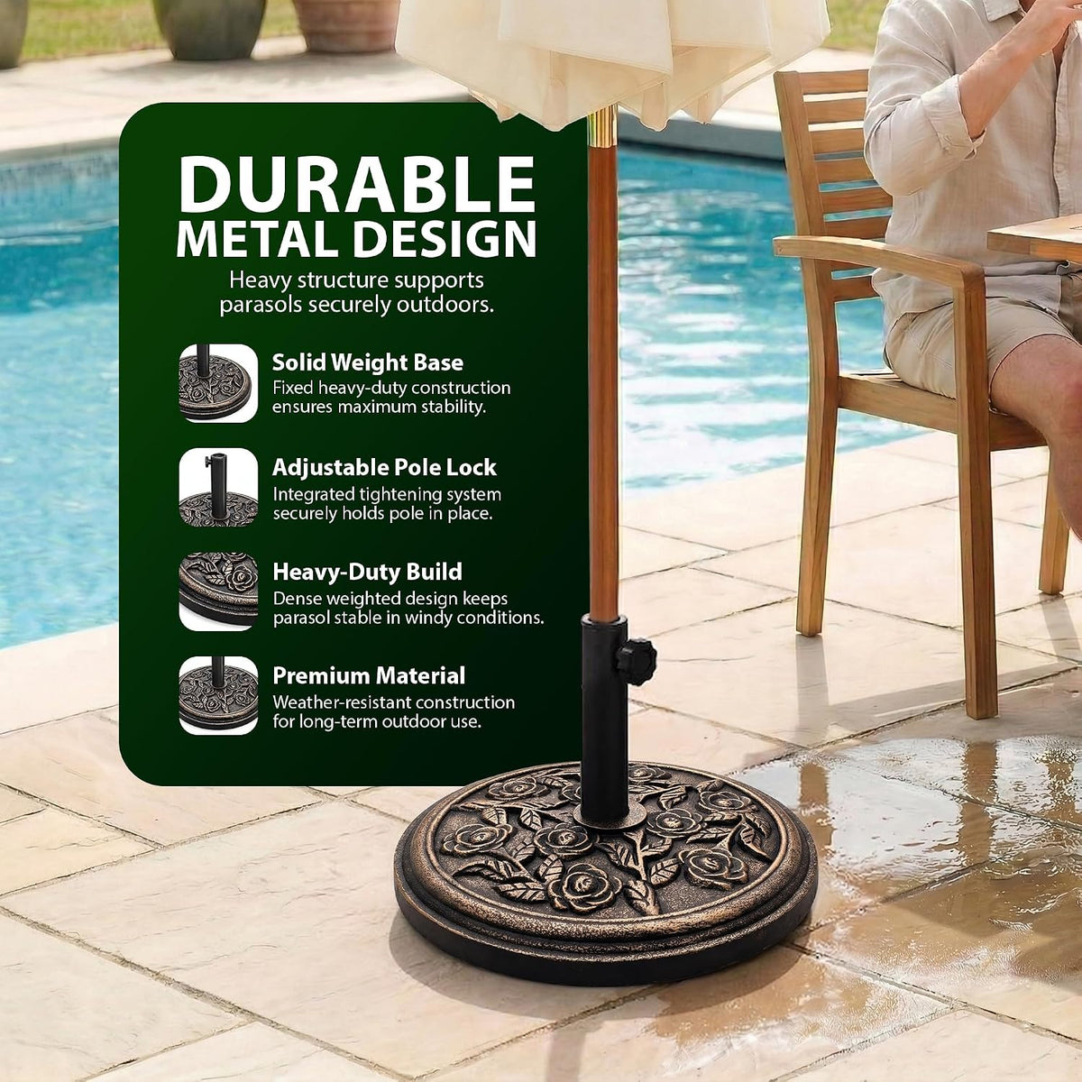 Zeno 12KG Bronze Rose Design Cast Iron Parasol Base