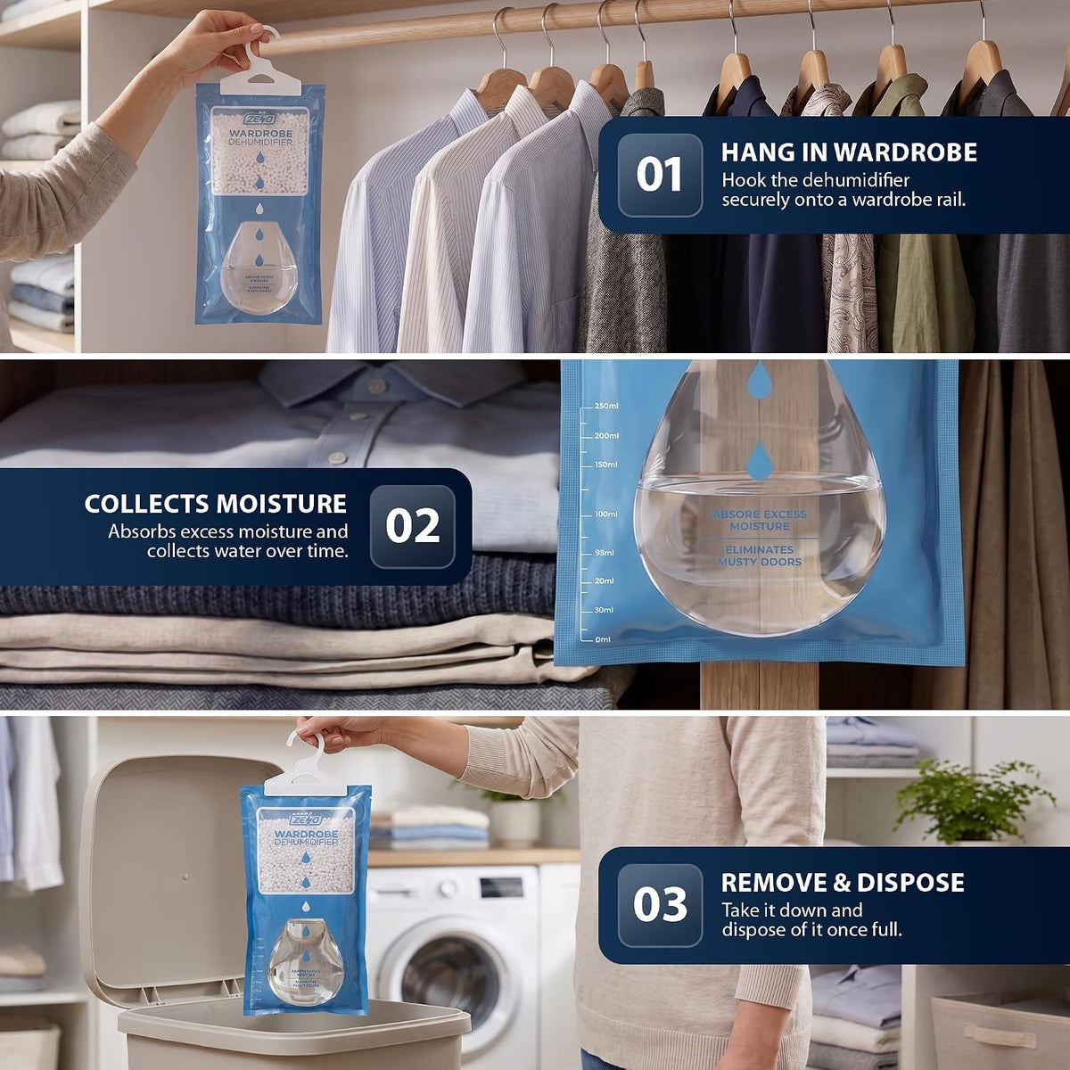 Zeno Pack of 12 Wardrobe Dehumidifier Hanging Bags