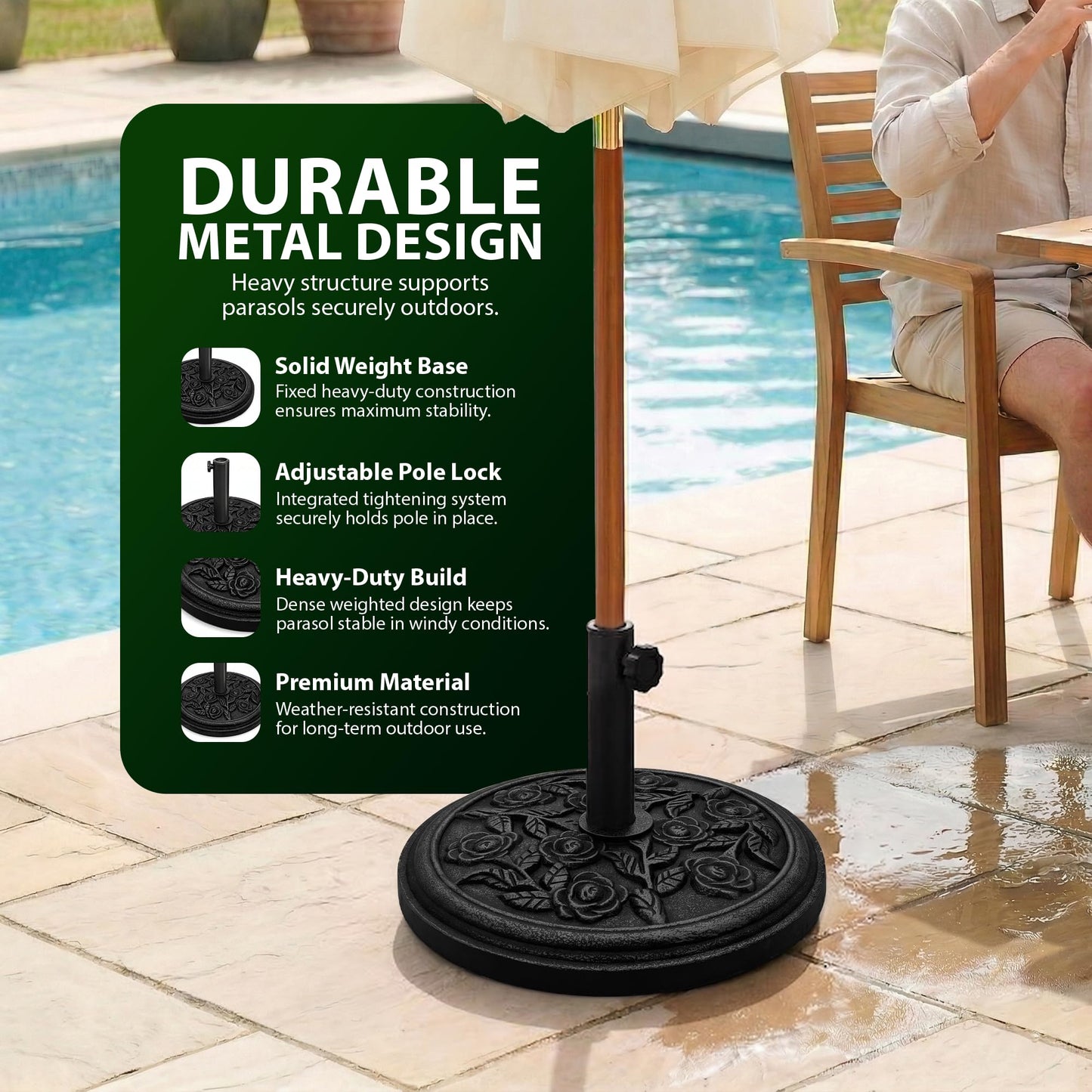Zeno 12KG Black Rose Design Cast Iron Parasol Base