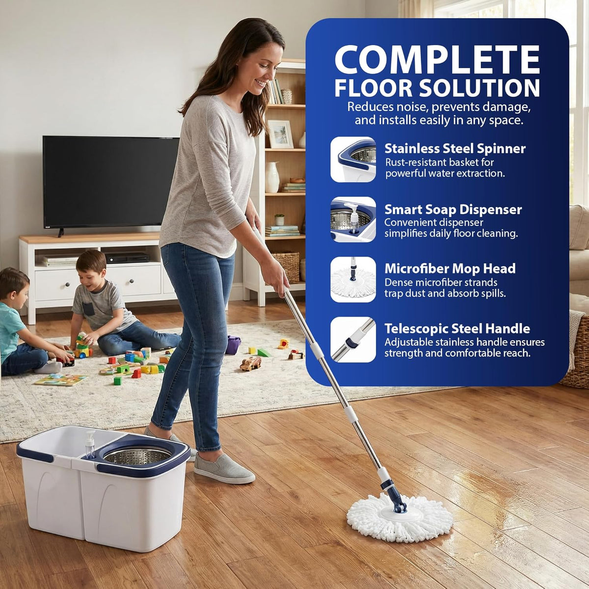 Zeno White & Blue Spin Mop and Bucket Set