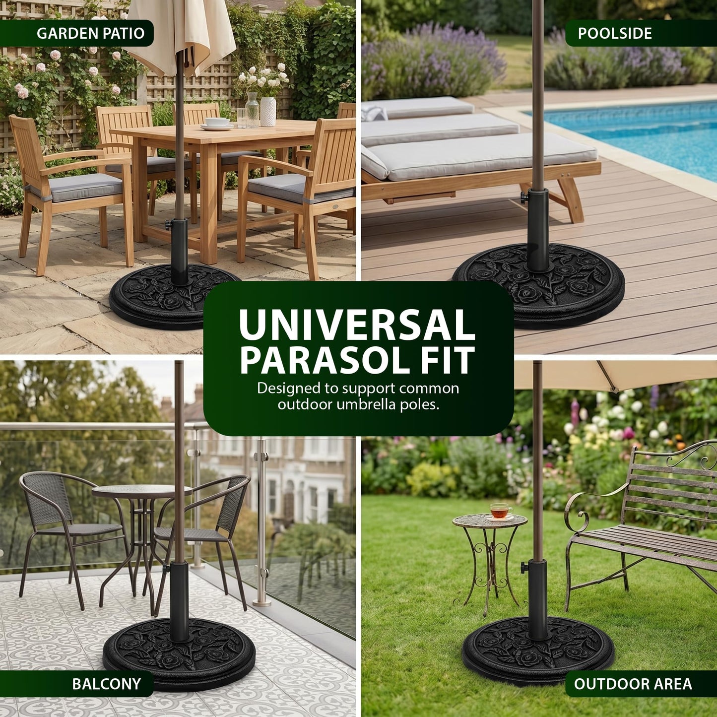 Zeno 12KG Black Rose Design Cast Iron Parasol Base
