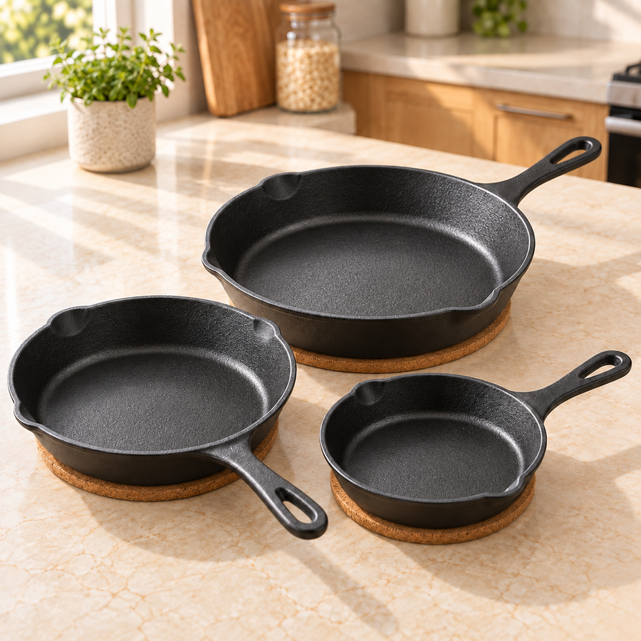 Zeno 3 Piece Cast Iron Frying Pan Set